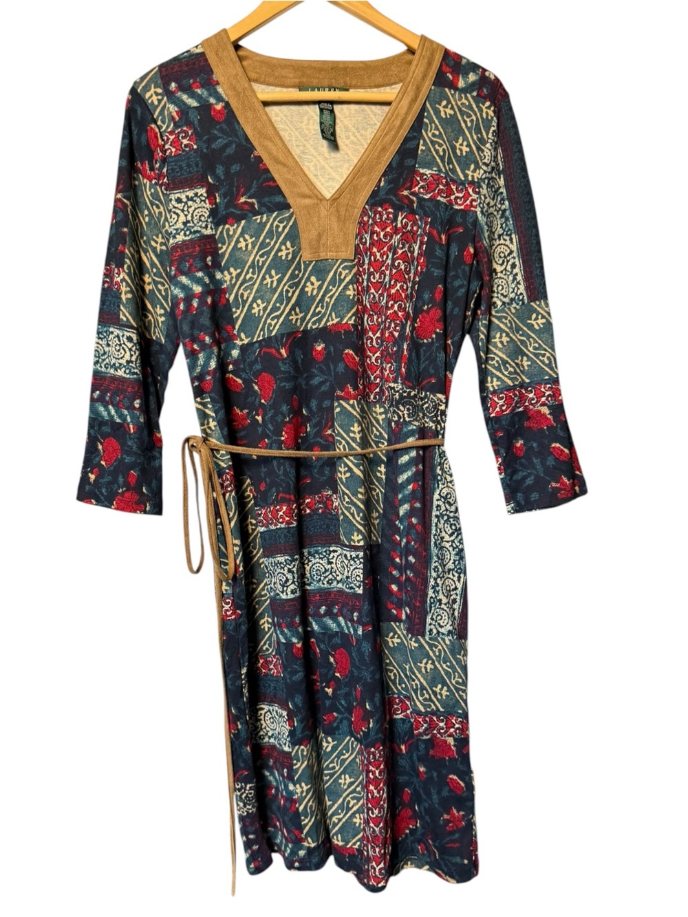 RALPH LAUREN Blue Patchwork Cotton Knit Faux Suede Trim Belted Dress LARGE